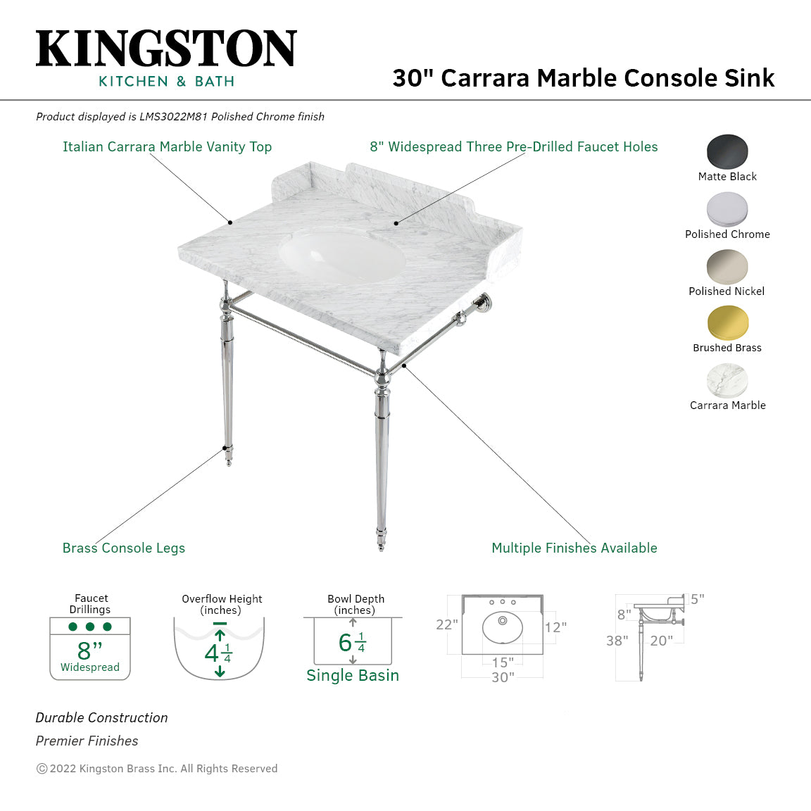 Habsburg 30" Carrara Marble Console Sink with Brass Legs (8-Inch, 3-Hole) in Carrara Marble White/Polished Nickel