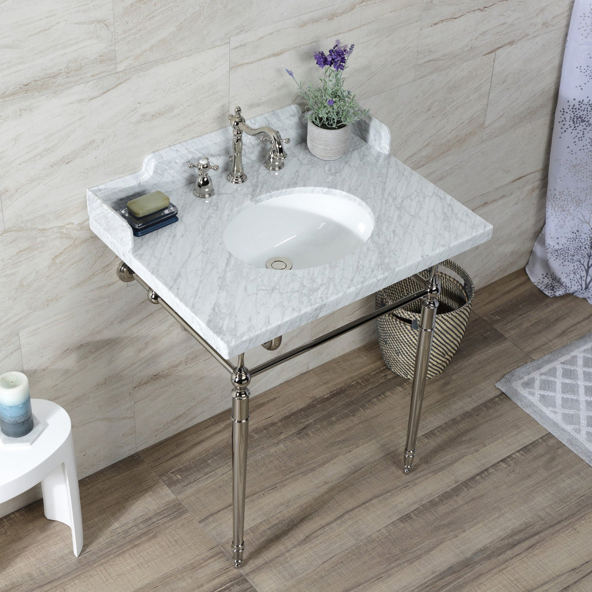 Habsburg 30" Carrara Marble Console Sink with Brass Legs (8-Inch, 3-Hole) in Carrara Marble White/Polished Nickel