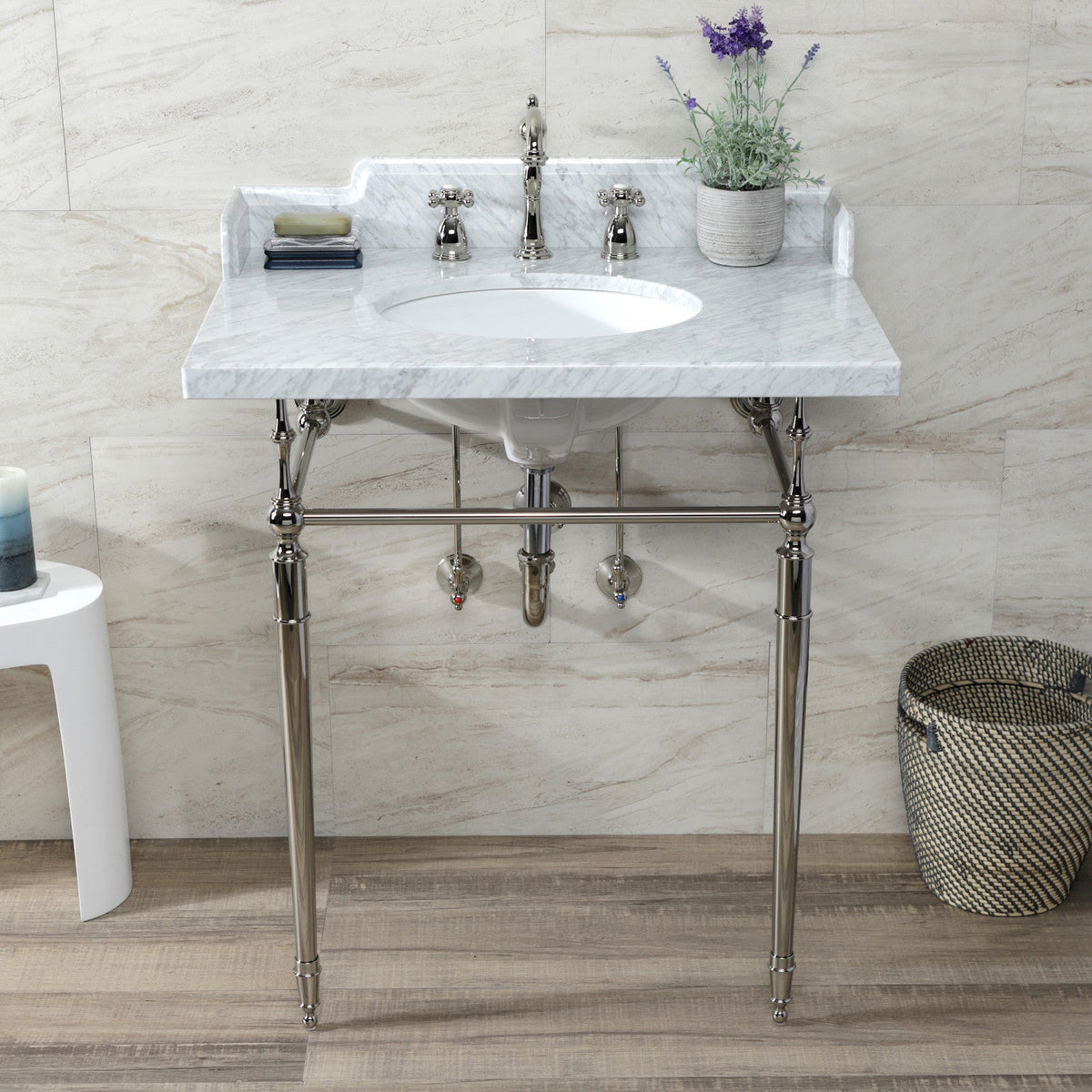 Habsburg 30" Carrara Marble Console Sink with Brass Legs (8-Inch, 3-Hole) in Carrara Marble White/Polished Nickel