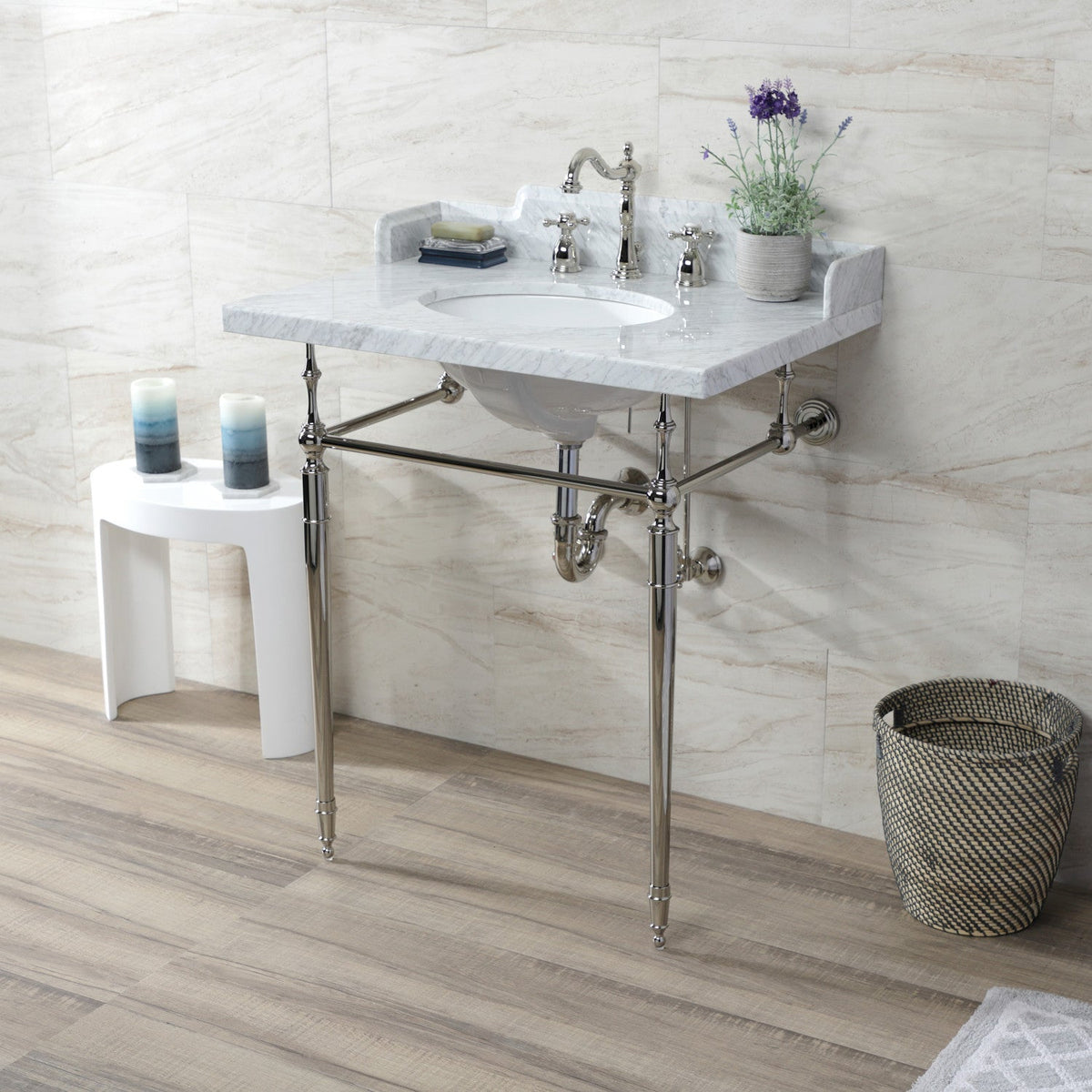 Habsburg 30" Carrara Marble Console Sink with Brass Legs (8-Inch, 3-Hole) in Carrara Marble White/Polished Nickel