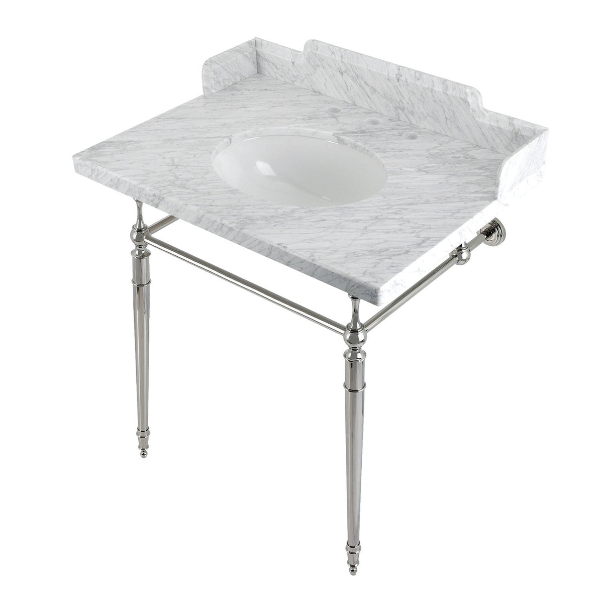 Habsburg 30" Carrara Marble Console Sink with Brass Legs (8-Inch, 3-Hole) in Carrara Marble White/Polished Nickel