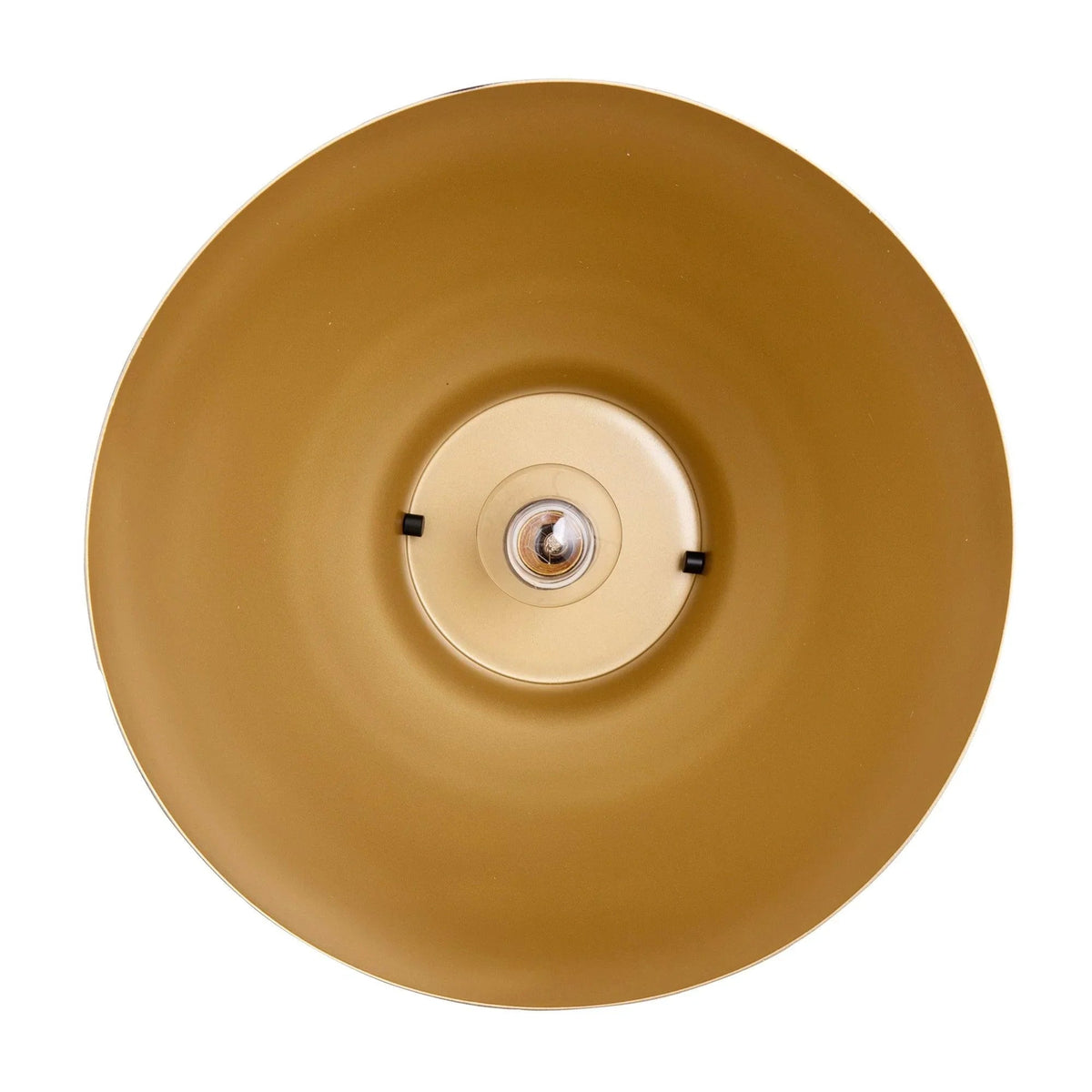 Gold-toned interior dome of a pendant light with visible lamp socket