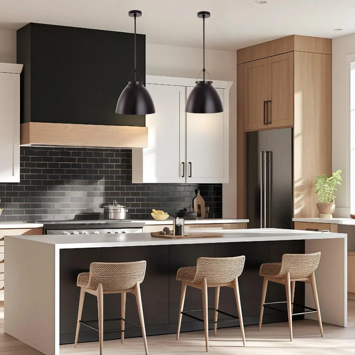 Black 1-light island pendant light with tapered dome metal shade in kitchen