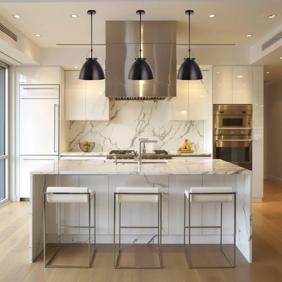 Black 1-light metal island pendant with tapered dome shade and hanging cord