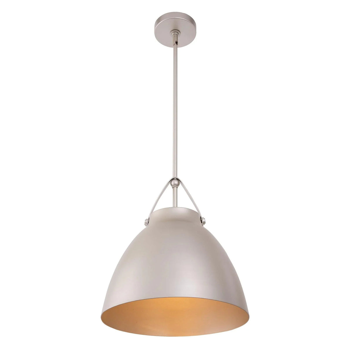 Modern metal island pendant light with white dome shade and warm gold underside