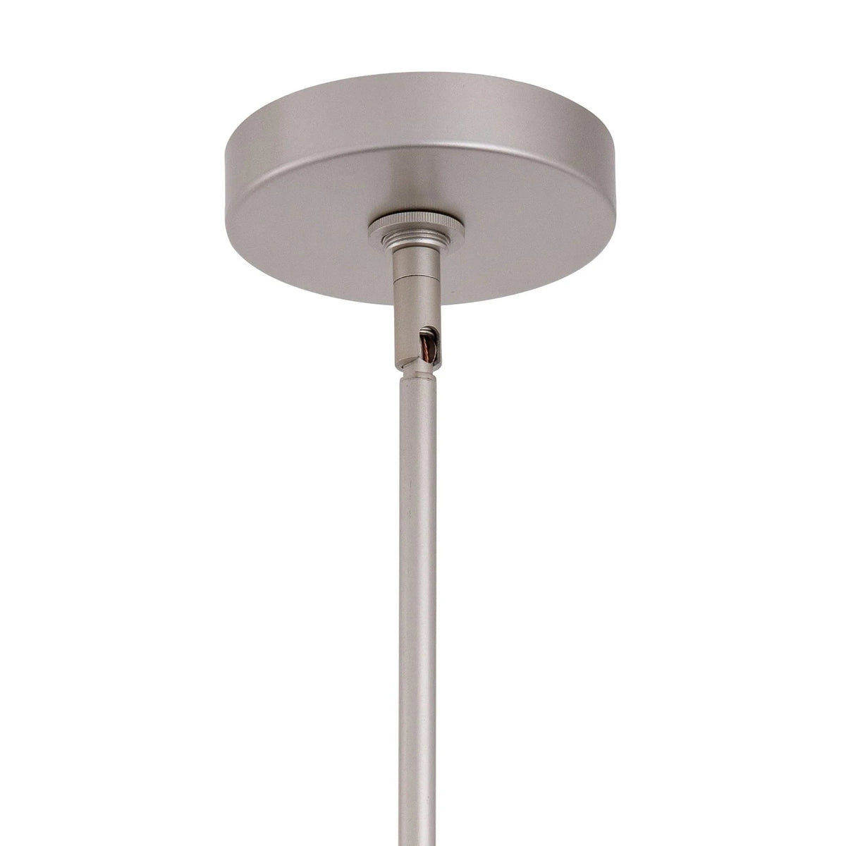 Modern metal island pendant light with round silver canopy and vertical stem
