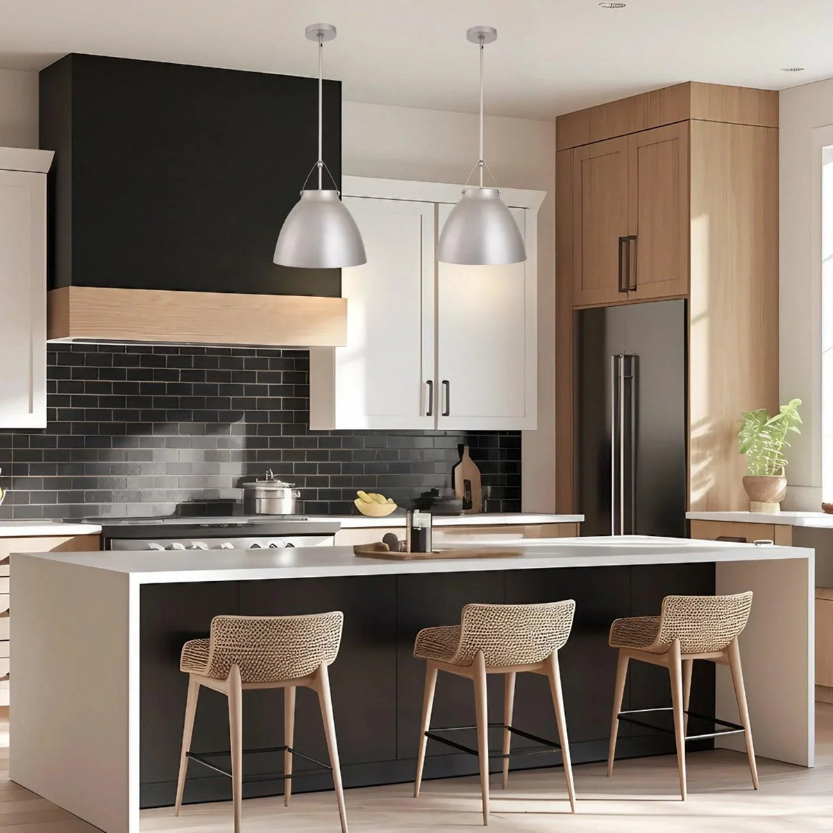 Brushed silver 1-light pendant light with tapered metal dome shade in kitchen