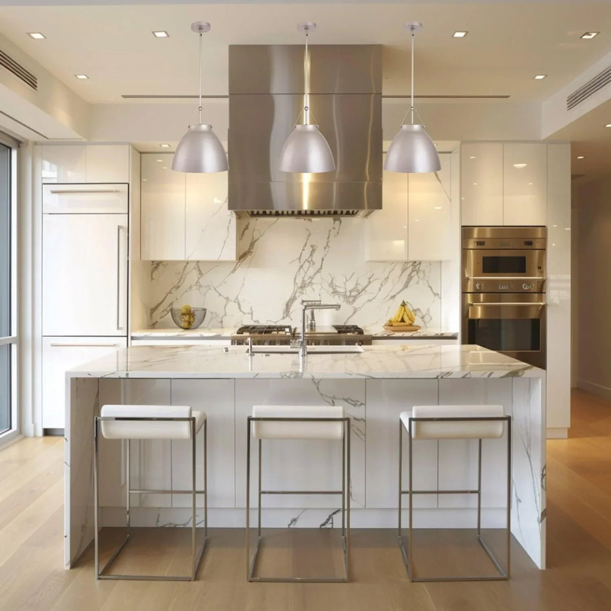 Brushed silver 1-light island pendant light with tapered metal dome shades