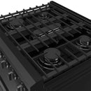Black gas cooktop with cast-iron grates and four burner caps