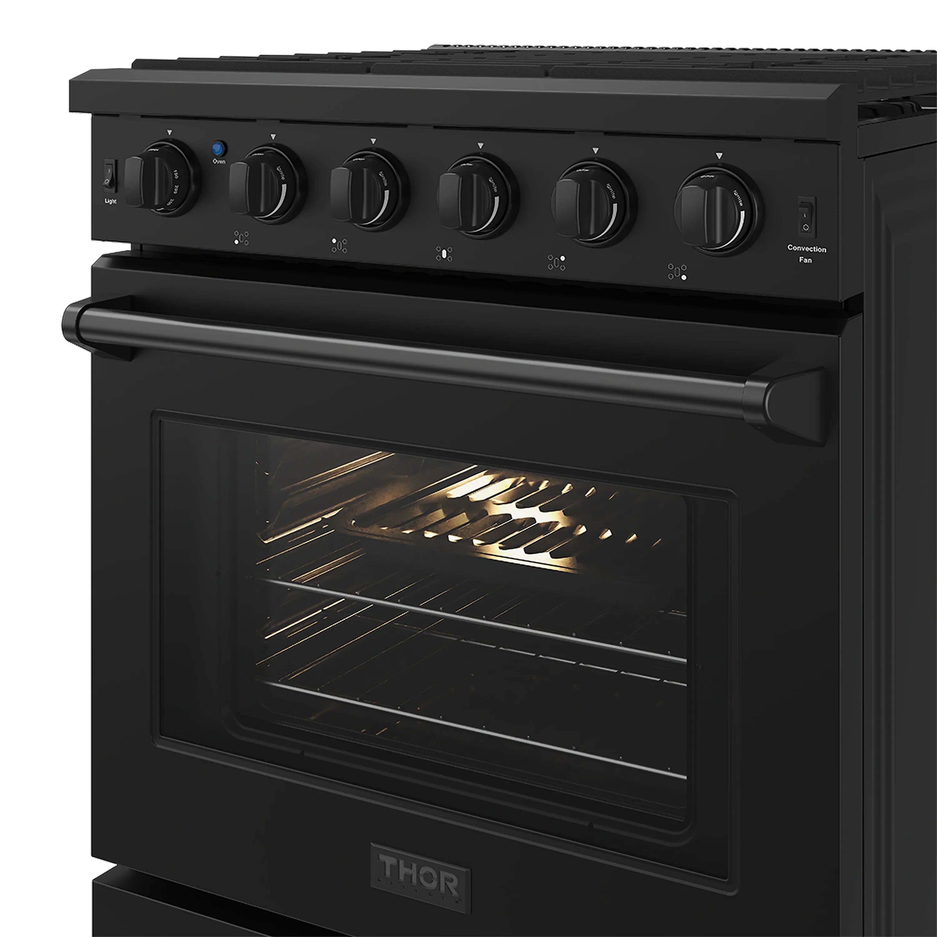 Black THOR gas range with oven window, control knobs, and flat cooktop