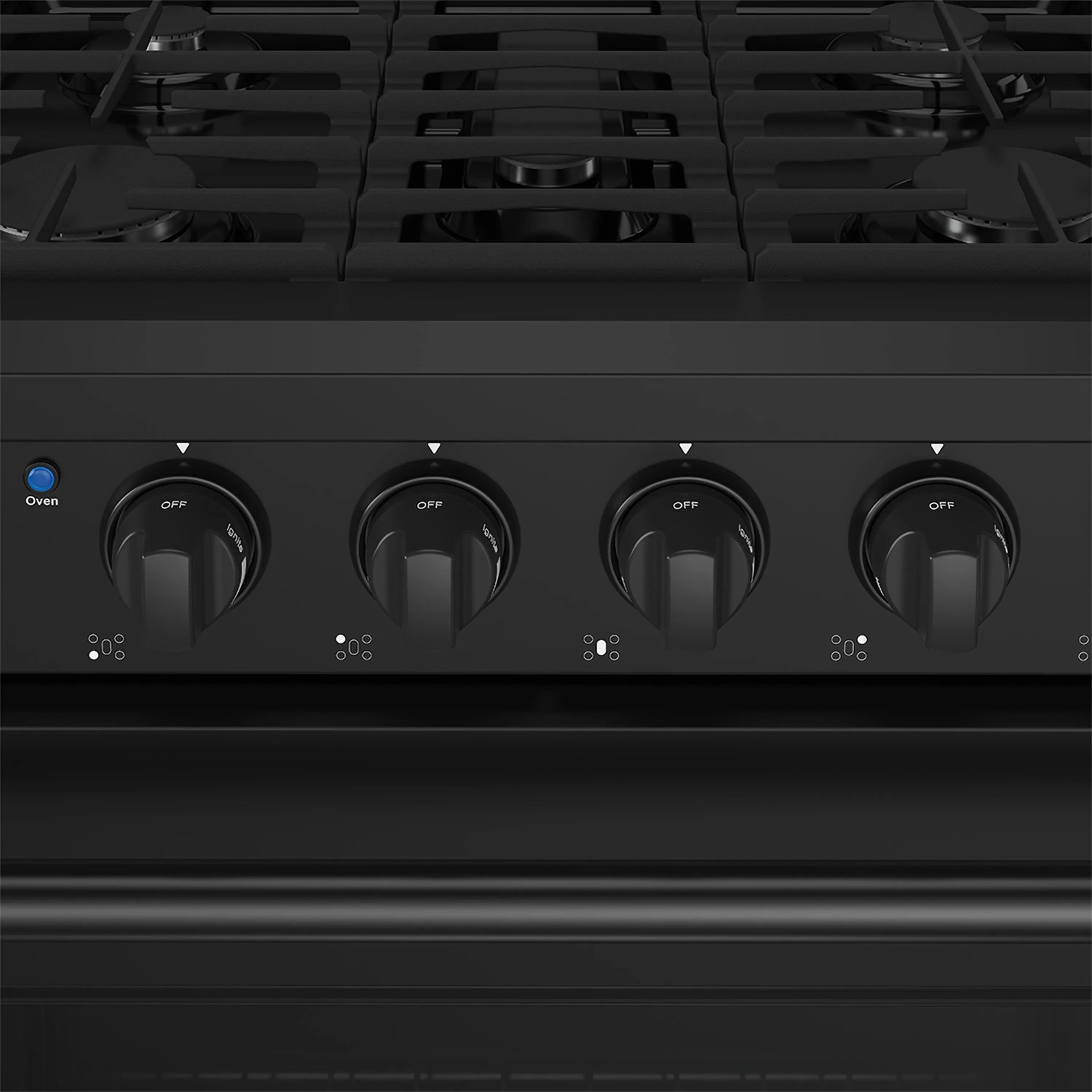 Black THOR gas range control panel with four burner knobs and oven indicator