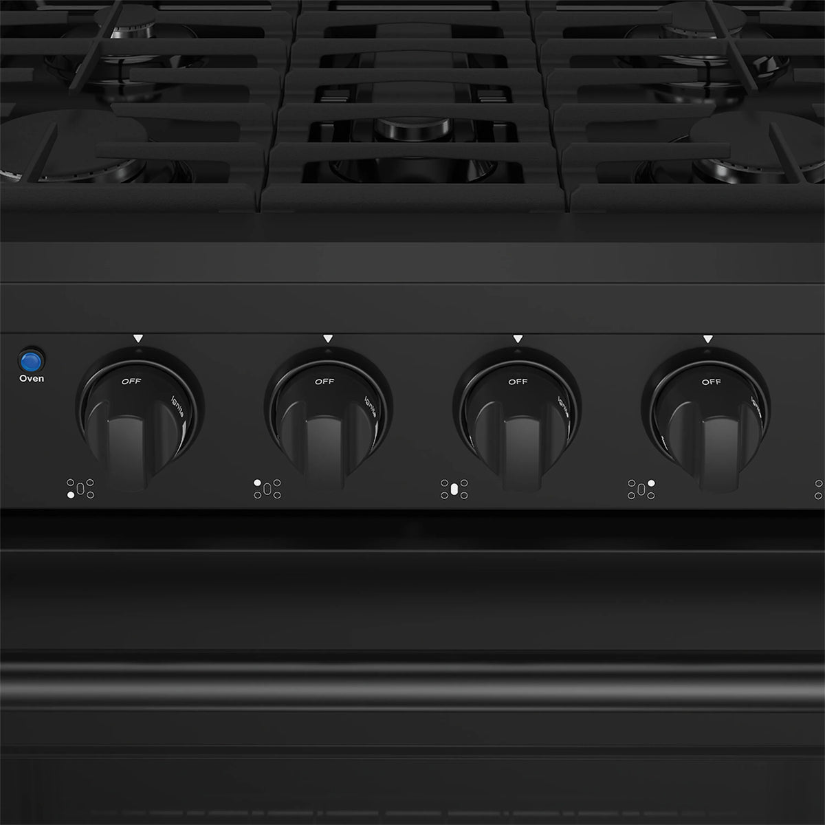 Black gas range control panel with four burner knobs and oven setting dial