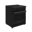 Black 30-inch propane range with glass oven door and control knobs