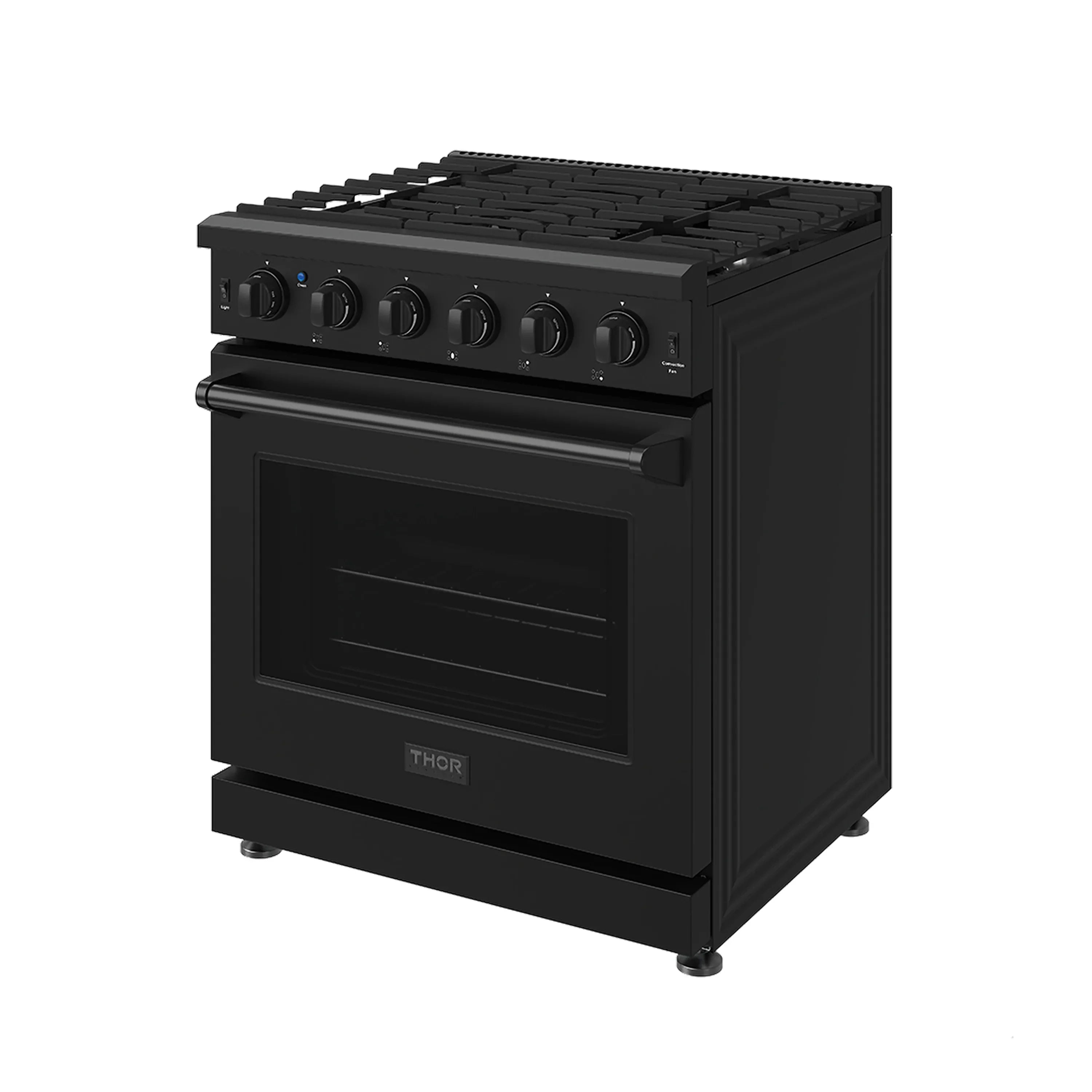 Black gas range with grate cooktop and oven door, angled three-quarter view