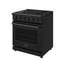 Black propane range side front view with control knobs and oven door