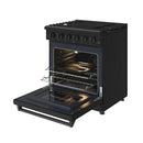 Black propane range oven with racks extended and broil burner visible