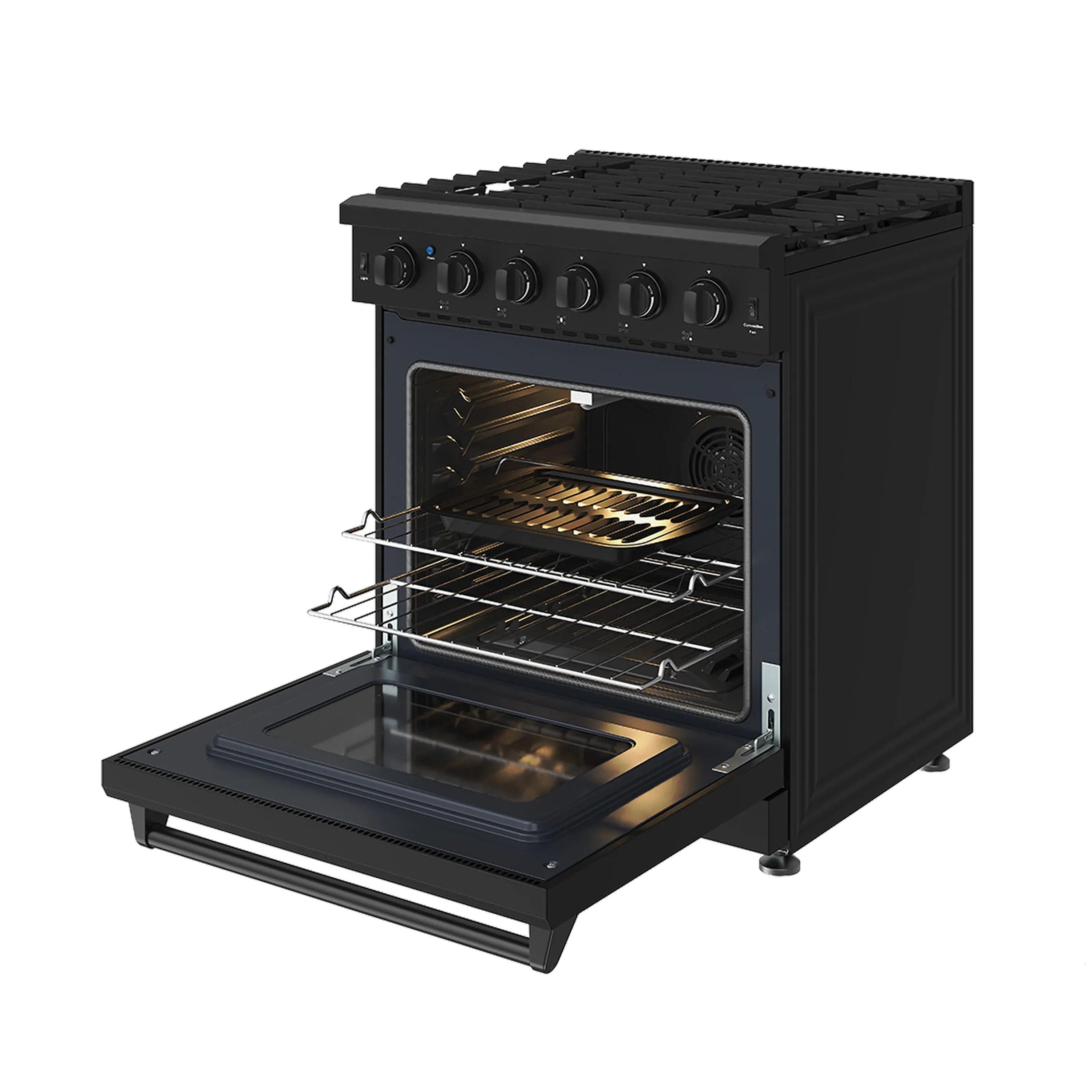 Black gas range with oven door and broiler drawer open