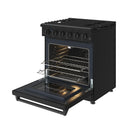 Black 30-inch propane range with open oven door and wire racks