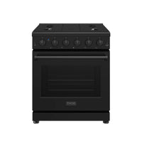 Black 30-inch propane range front view with cooktop burners and oven door