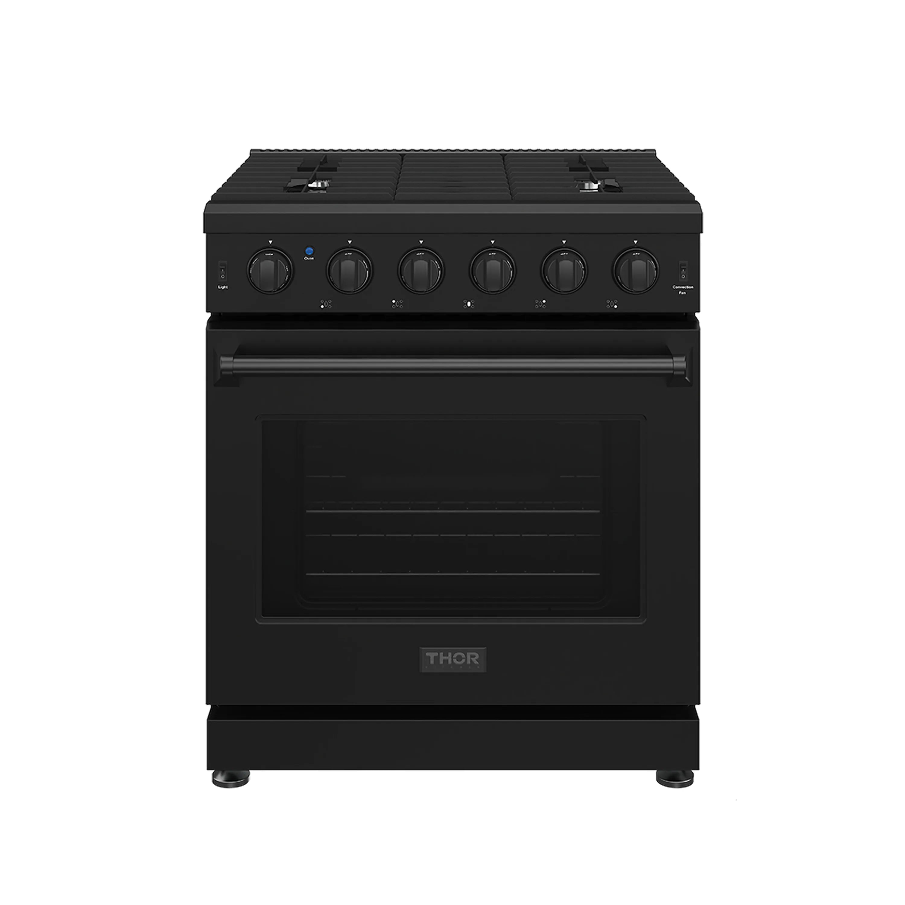 Black 30-inch propane range front view with cooktop burners and oven door
