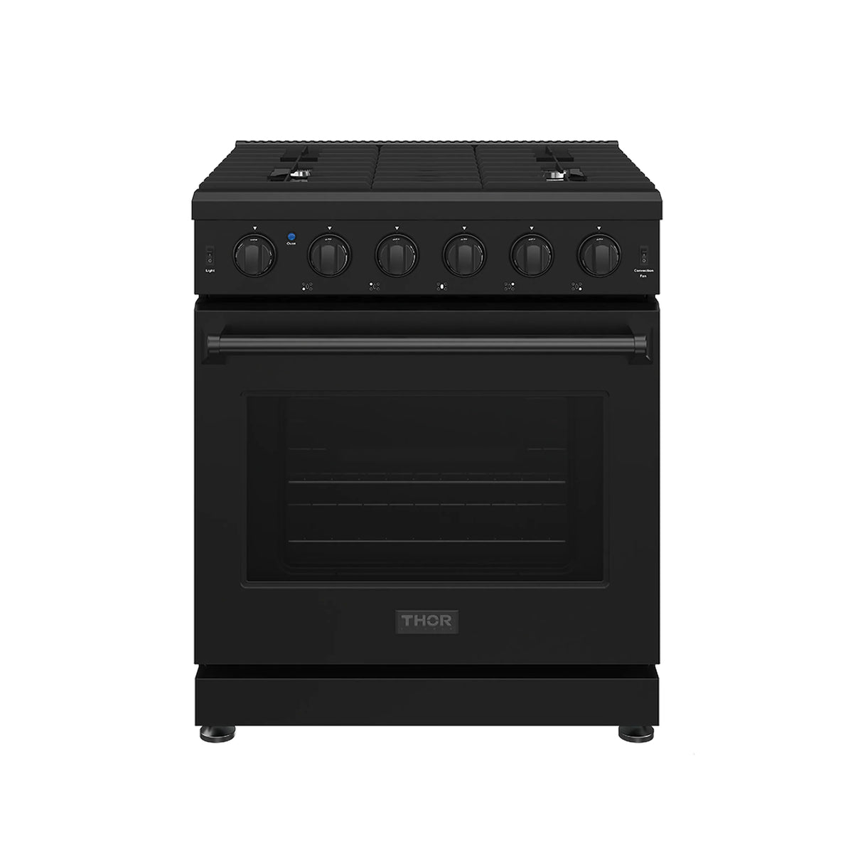 Black 30-inch propane range front view with cooktop burners and oven door