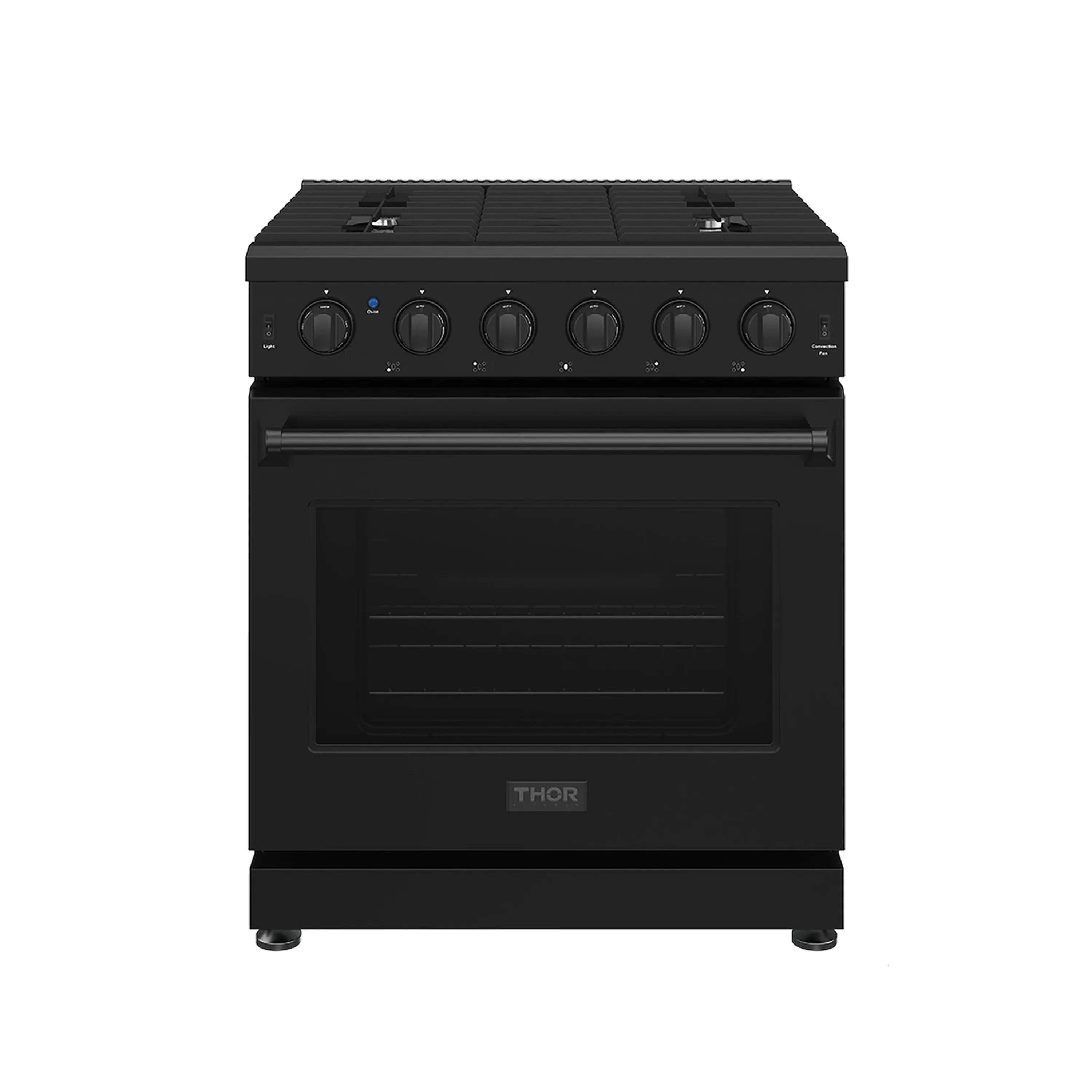 Black propane gas range with control knobs and glass oven door
