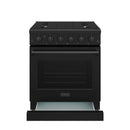 Black propane range with oven door open for access to the interior
