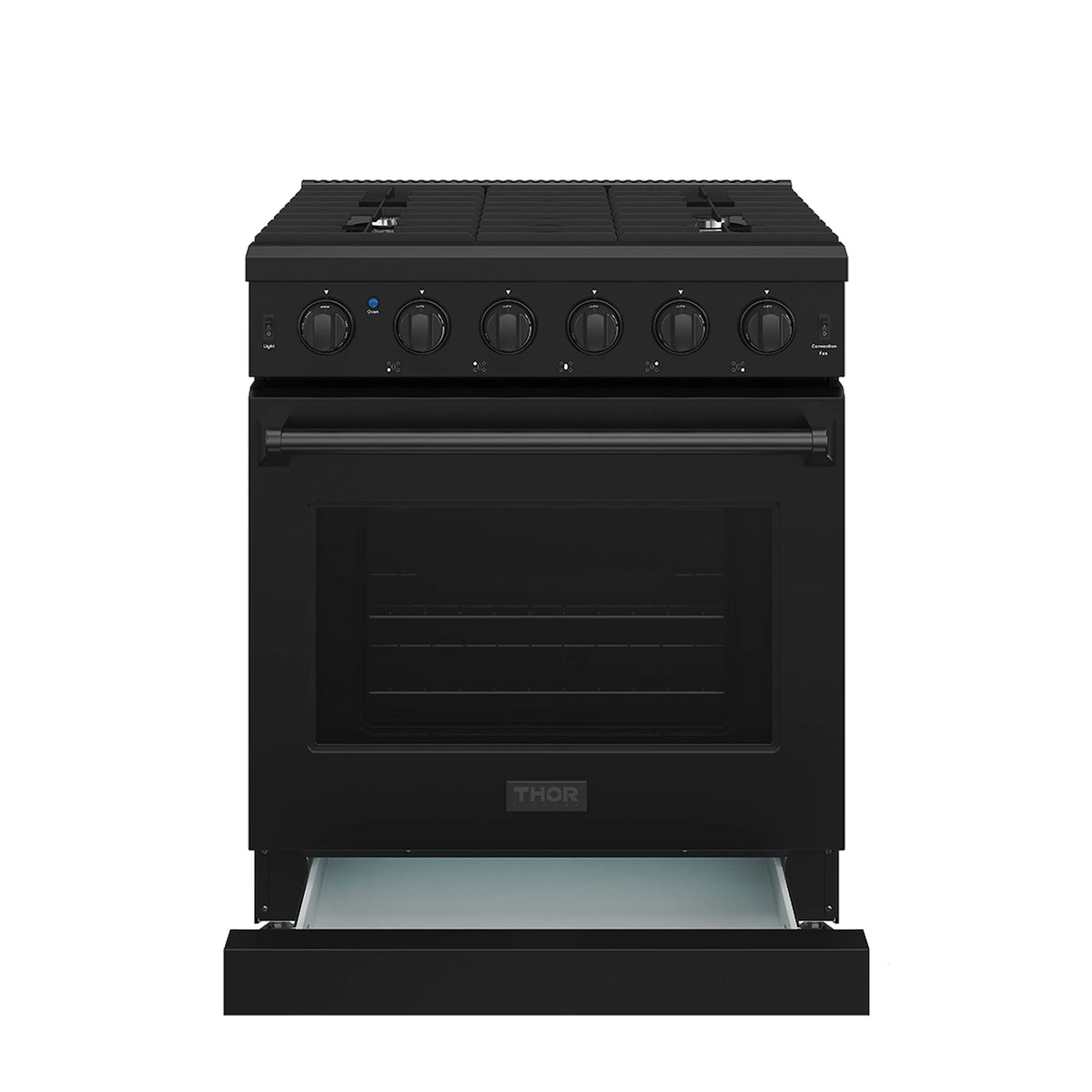 Black Thor gas range with oven door opened to reveal lower oven cavity