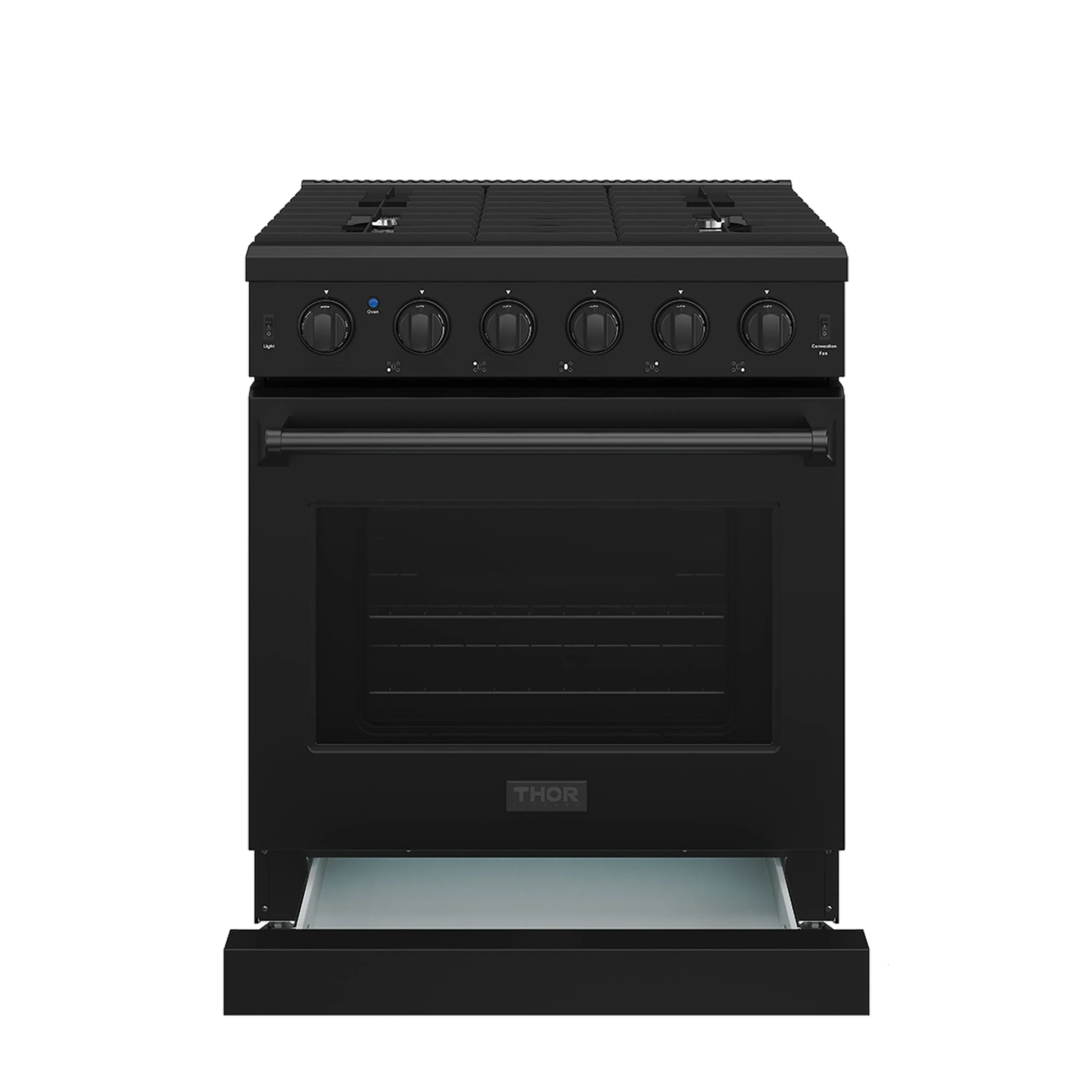 Black propane gas range with control knobs and open oven door