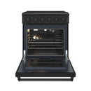 Black oven interior with baking rack and visible burner flame