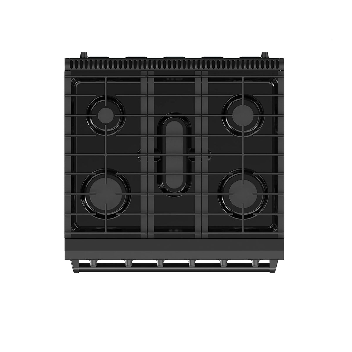 Black Thor gas range cooktop with four burner grates, top view