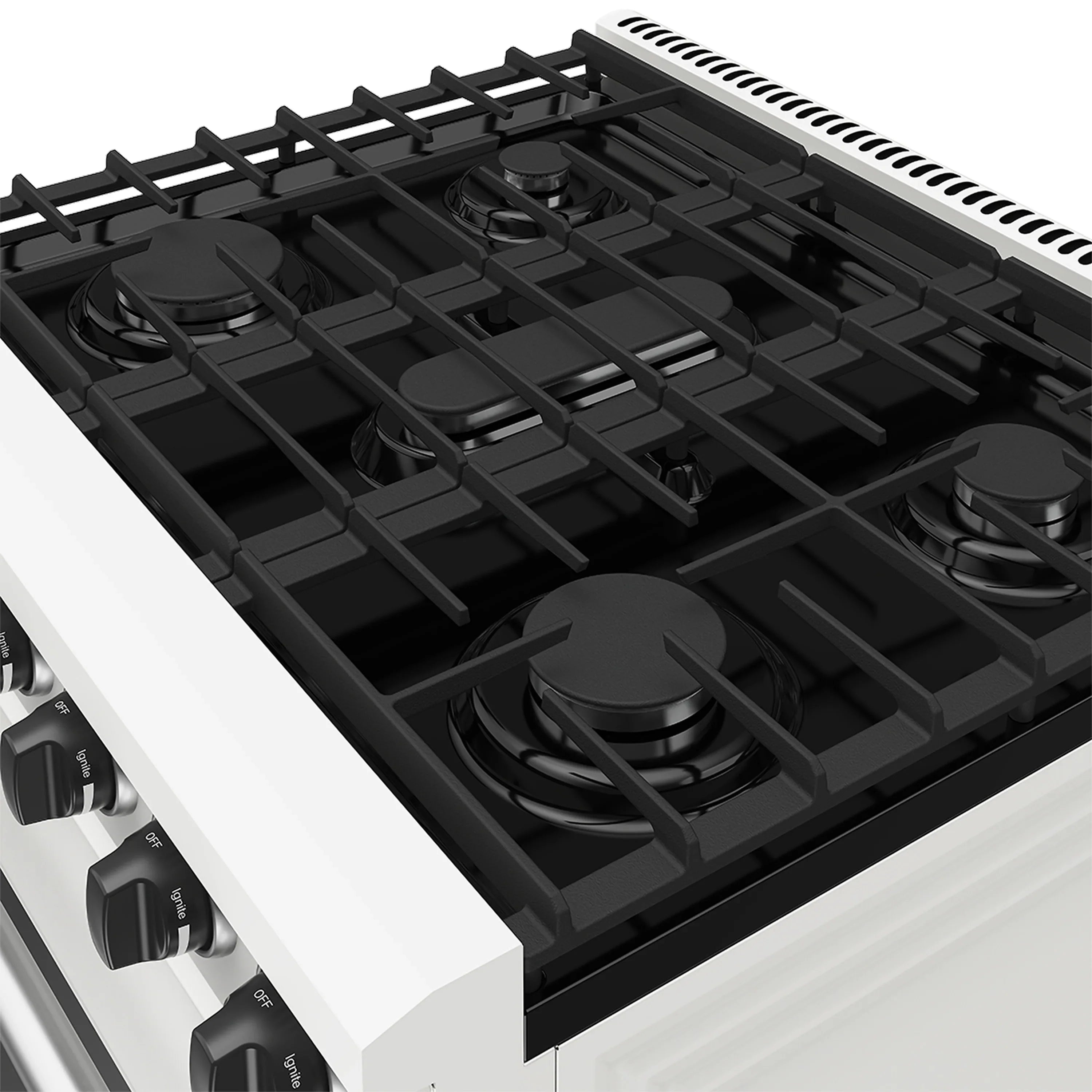 Black gas cooktop with four cast-iron burners and grates on a white range