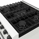 White gas range cooktop with black cast-iron grates and visible burners