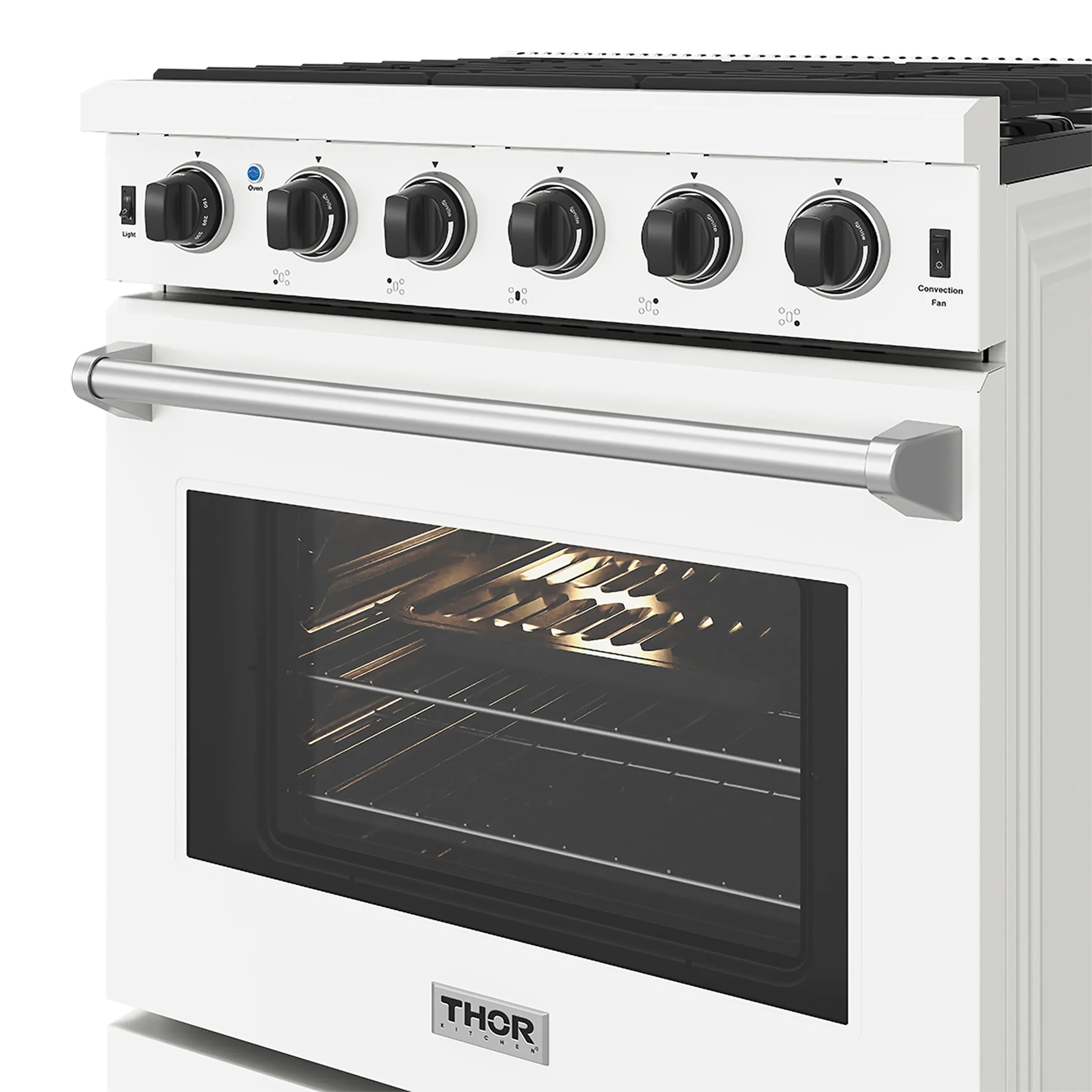 White propane gas range oven door with visible broil/bake burner glow