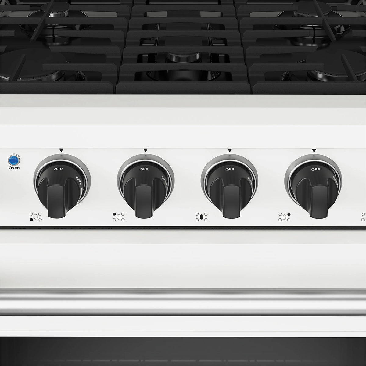White gas range control panel with multiple black knobs labeled Off