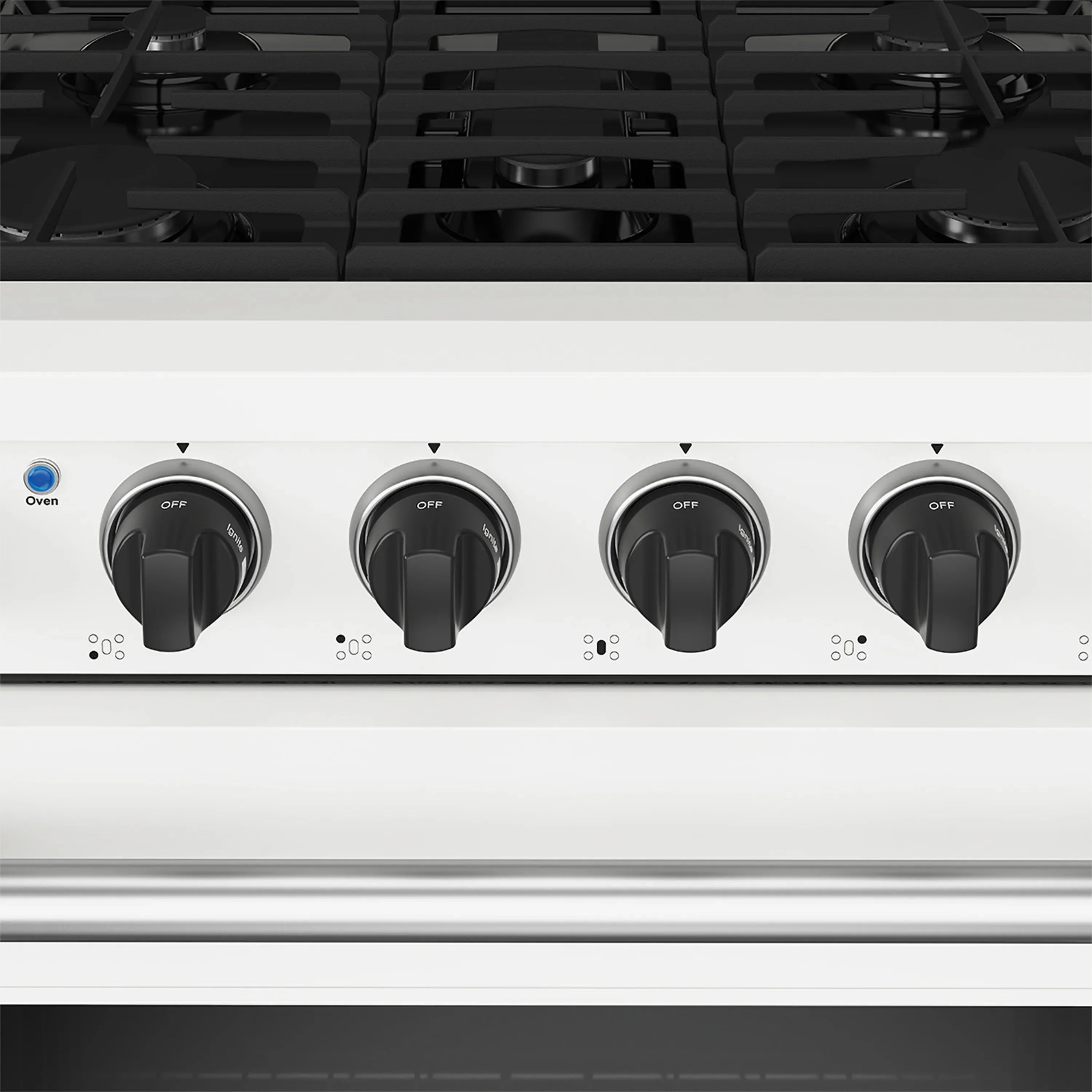 White cooktop control panel with four black burner knobs labeled Off