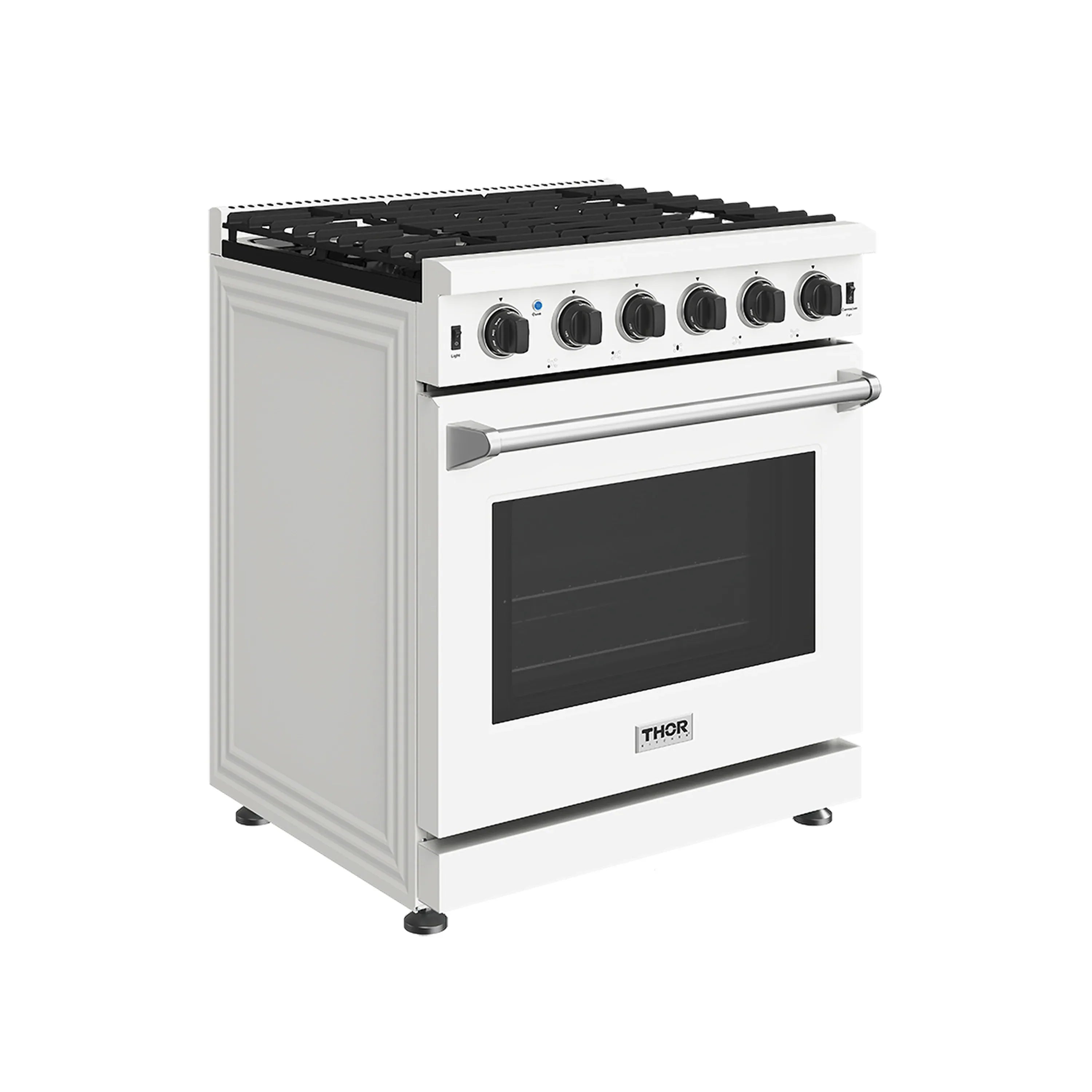 White propane gas range with black cooktop and oven door, angled side view