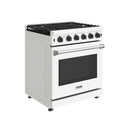 White gas range side view with black cooktop grates, control knobs, and oven door