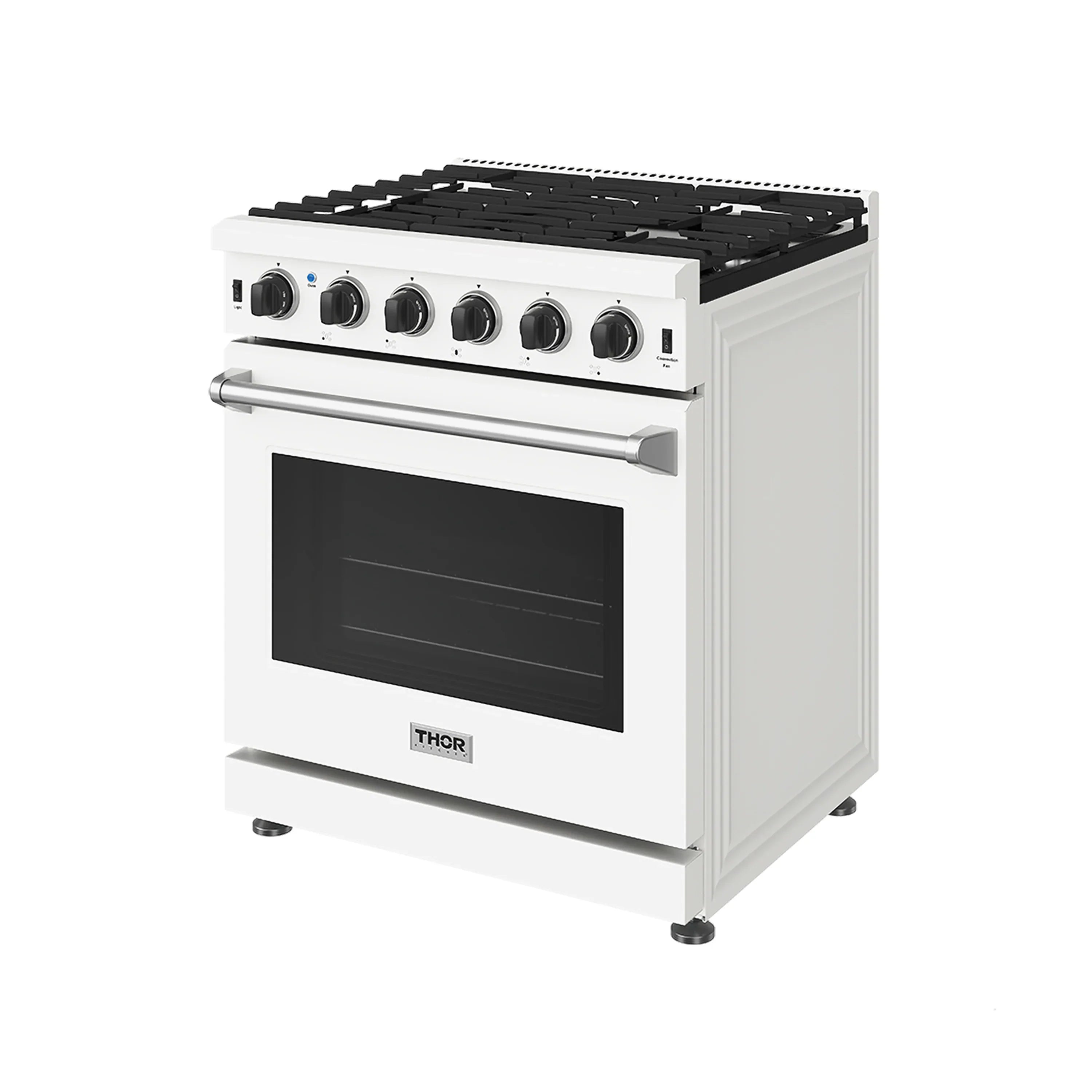 White freestanding gas range with black cooktop grates and oven window