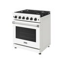 White gas range front corner view with black grates and multiple control knobs