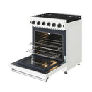 White gas range with oven door open and lit broiler above wire racks