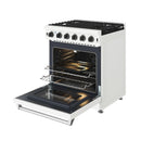 White gas range with oven door open, illuminated broiler, and baking racks
