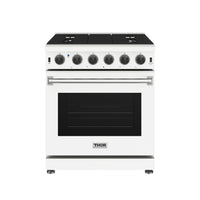 White gas range front with metal handle, black oven door window, and control knobs