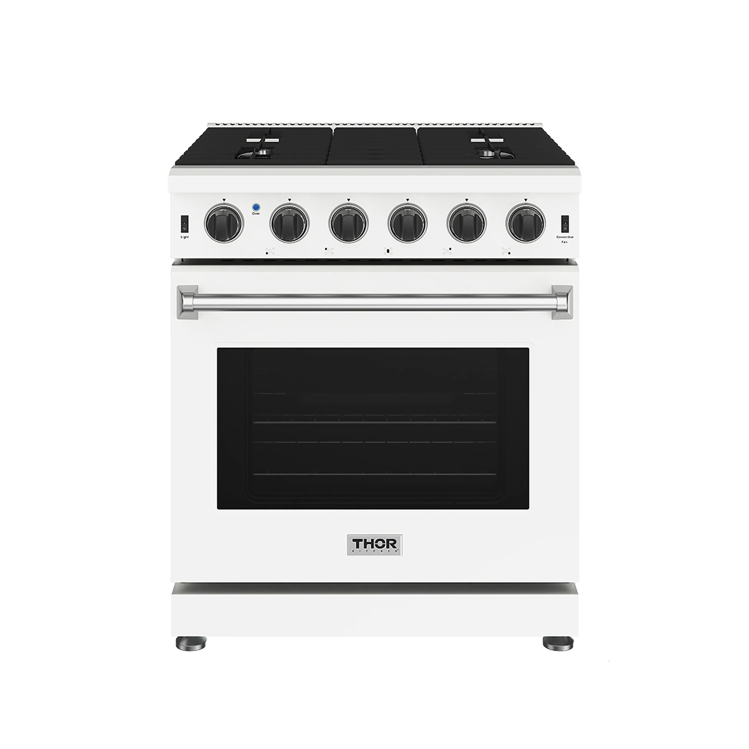 White gas range front with metal handle, black oven door window, and control knobs