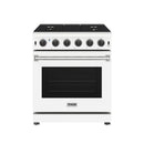White gas range front with metal handle, black oven door window, and control knobs