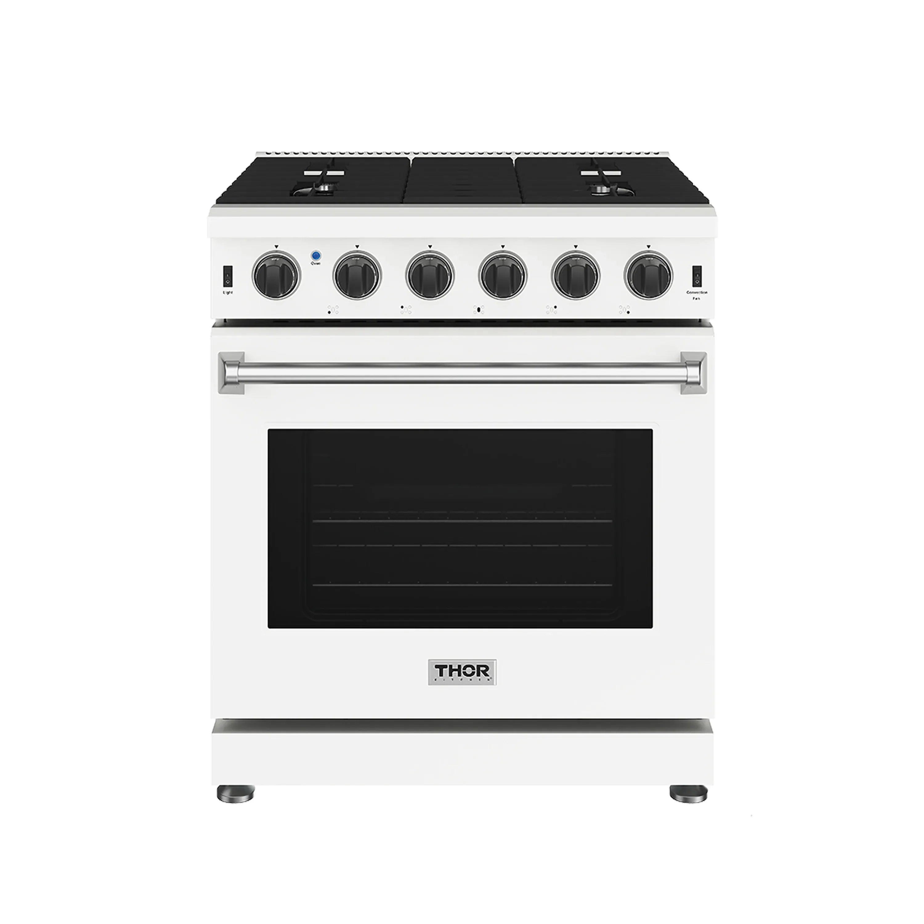White 30-inch gas range with black cooktop and oven window, front view