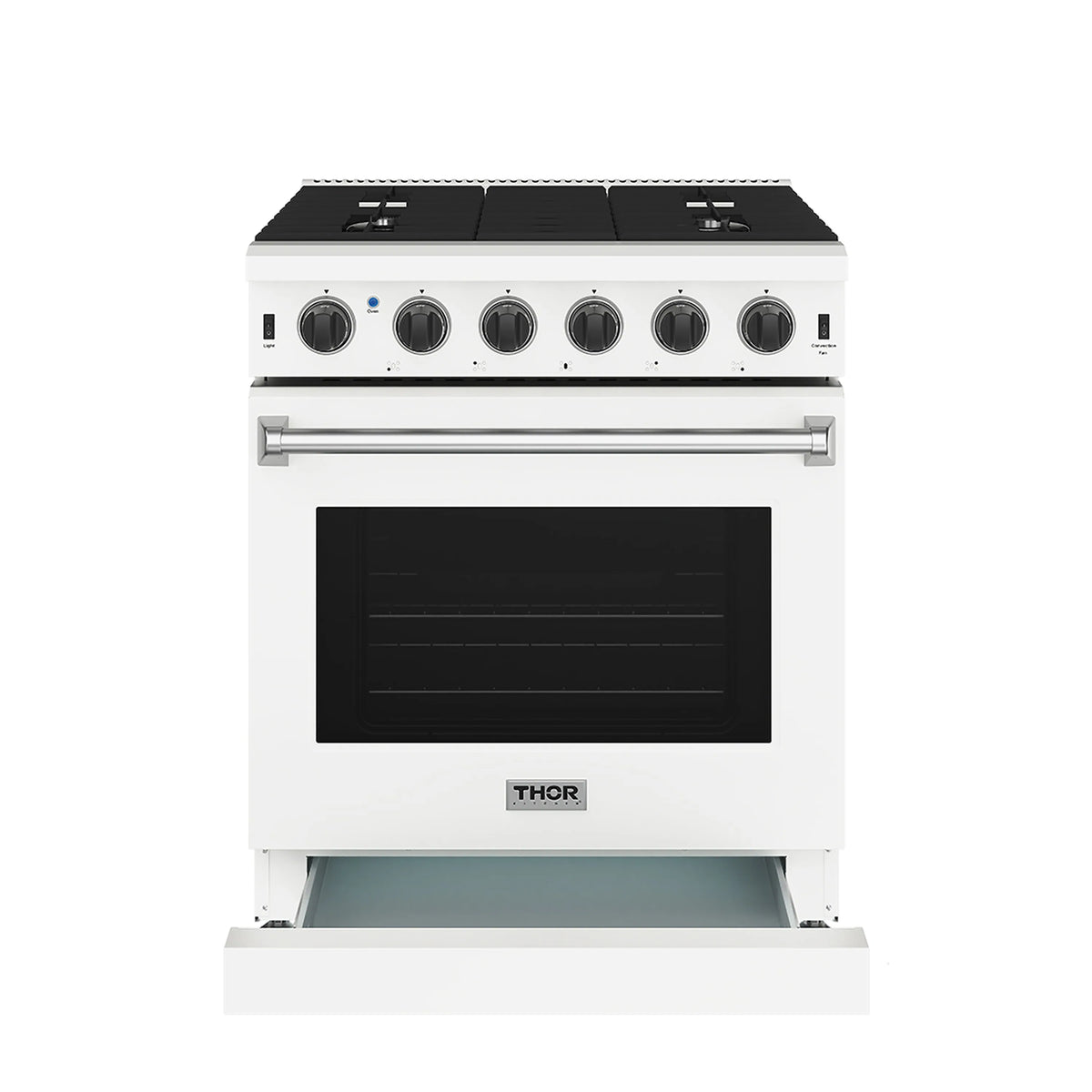 White gas range front with open storage drawer, black oven door window, and knobs