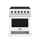 White gas range front with open storage drawer, black oven door window, and knobs