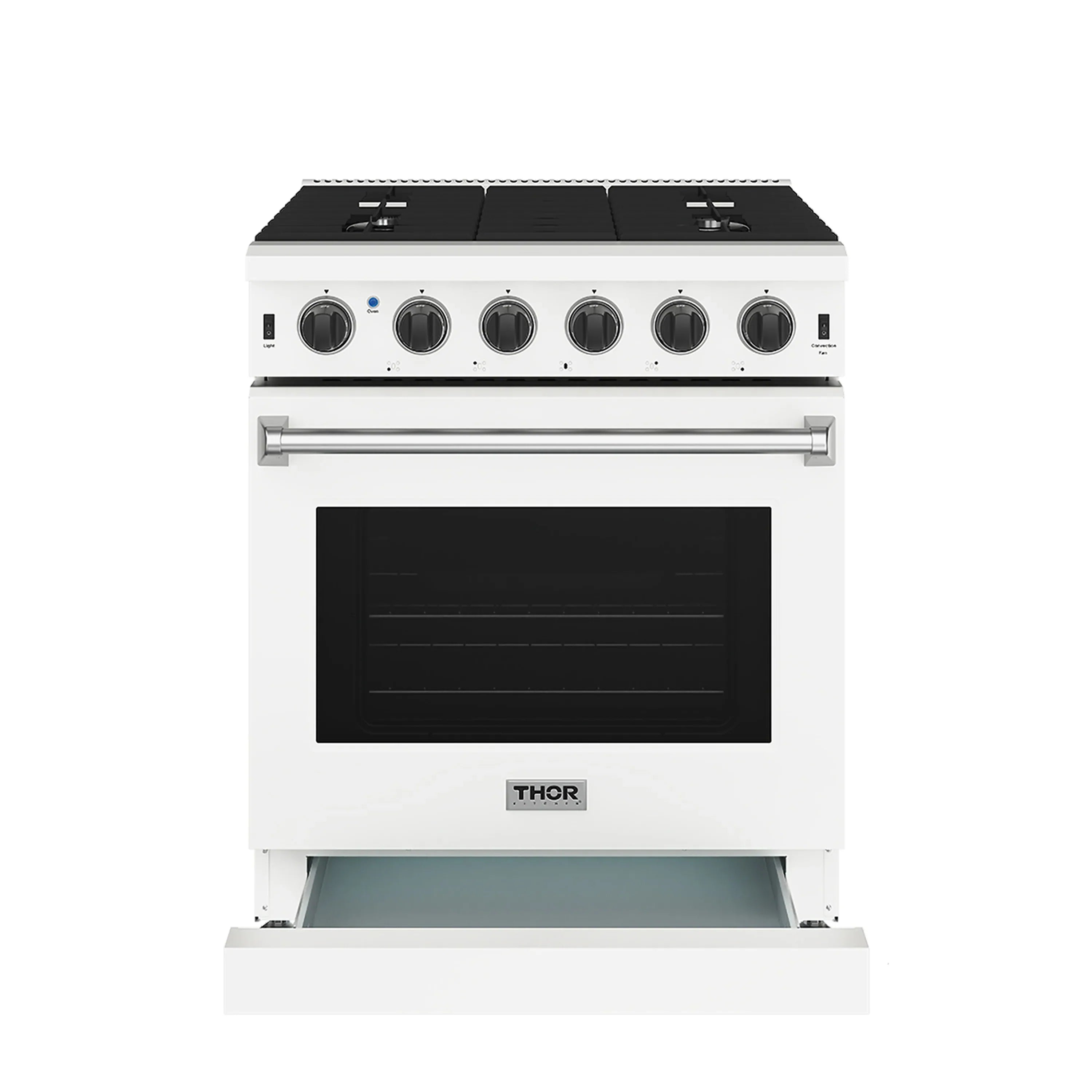 White gas range with black cooktop, oven window, and metal handle with drawer area
