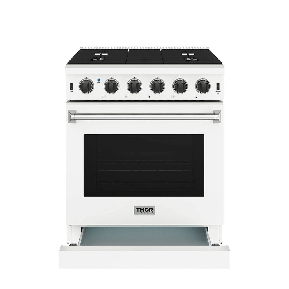 White gas range front with open storage drawer, black oven door window, and knobs